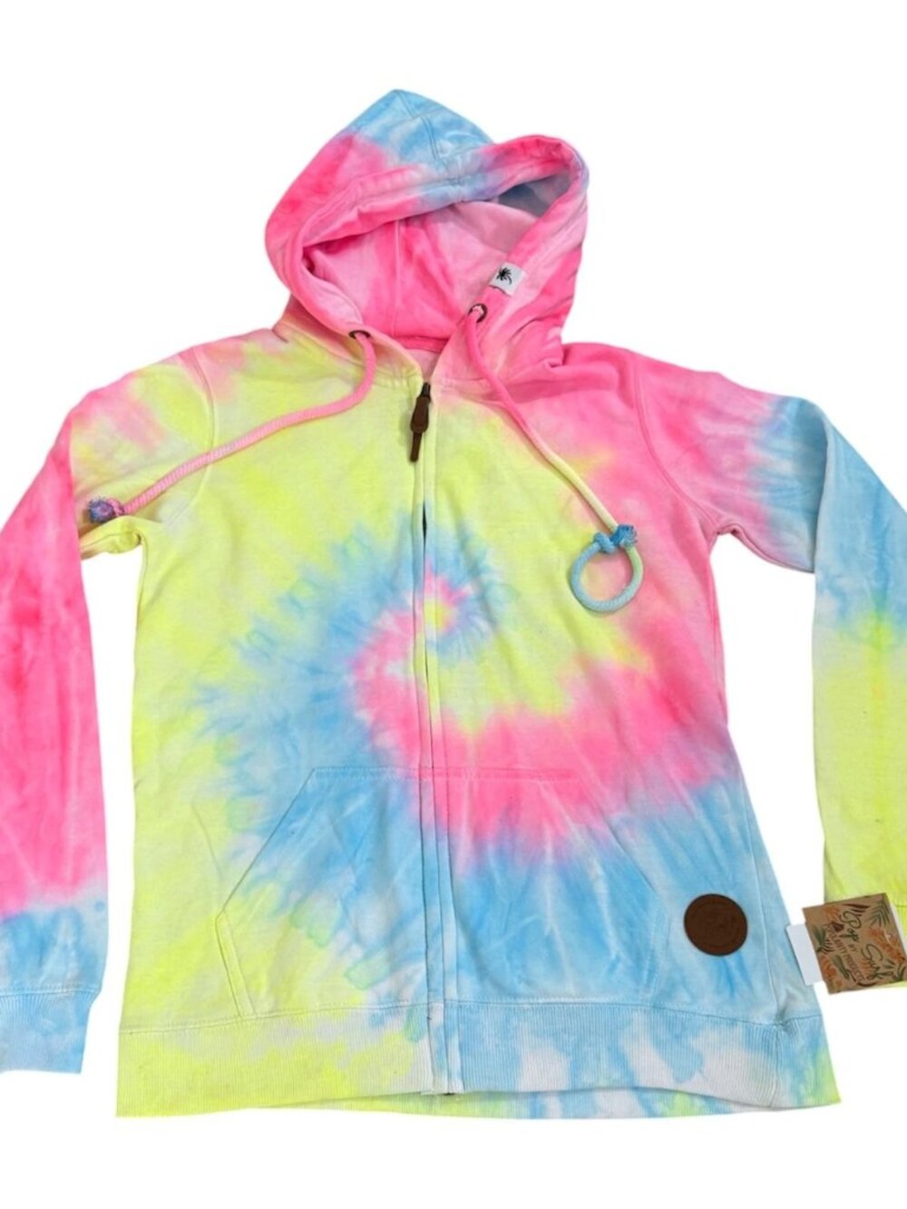 Woman's Pop Surf Pastel Rainbow Swirl Tie-Dye Zip Up Hoodie L NWT